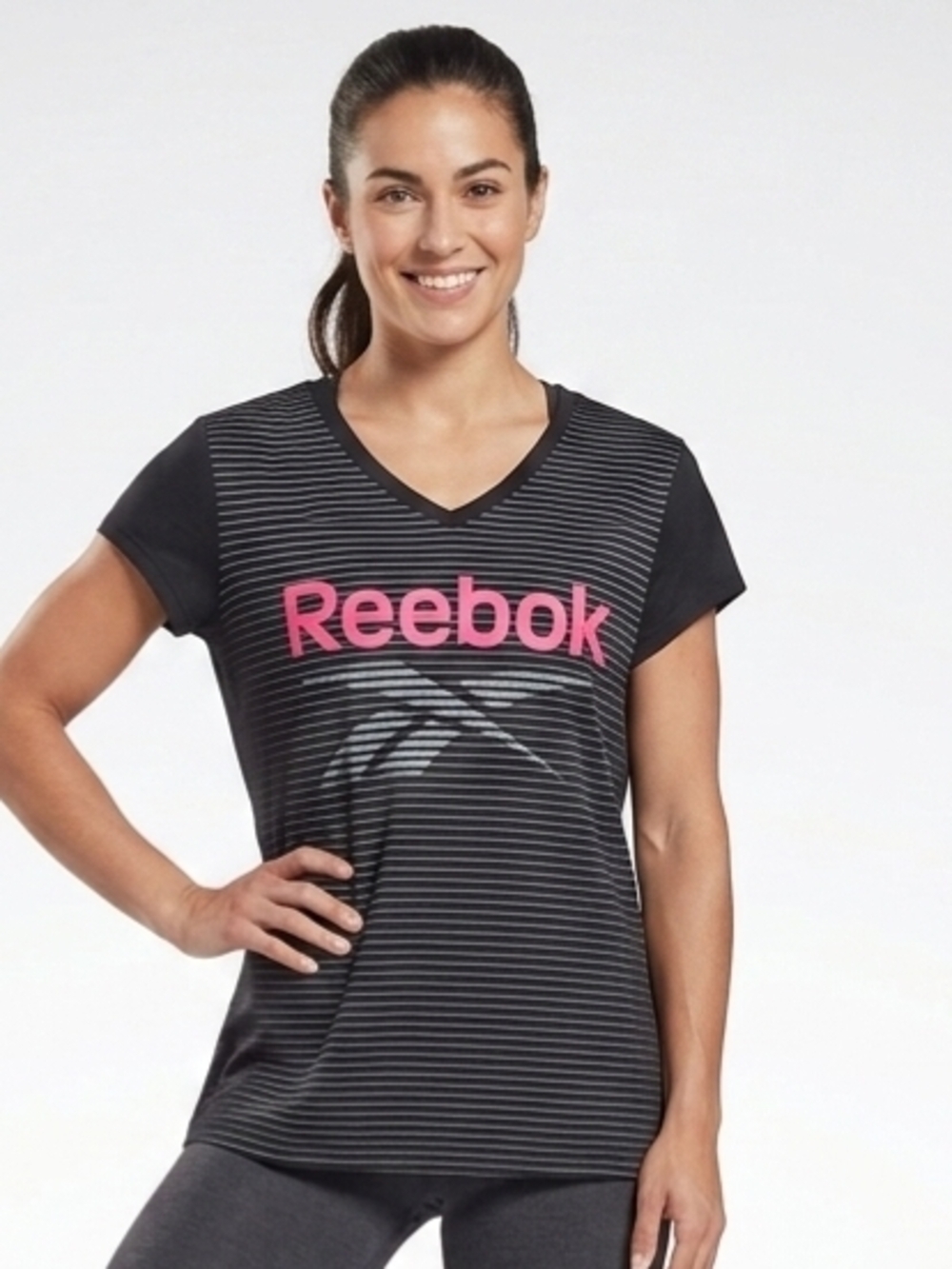 Reebok Women’s Black Striped V-Neck Logo Tee with Pink Branding Size 1X